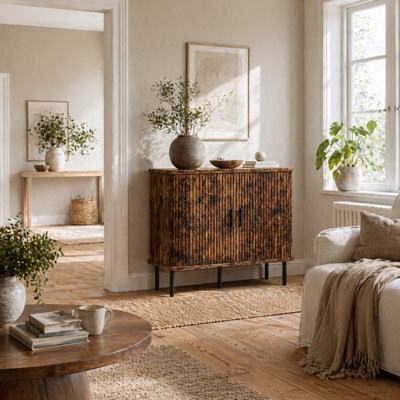 Wyld Haus Lasa Rustic Brown Mid-Century Sideboard With Slatted Tambour Sliding Doors And Black Steel Legs - image 1