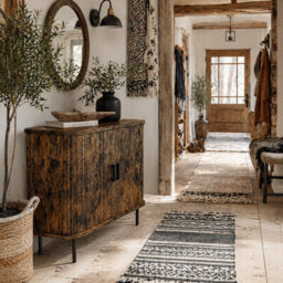 Wyld Haus Lasa Rustic Brown Mid-Century Sideboard With Slatted Tambour Sliding Doors And Black Steel Legs - thumbnail 2