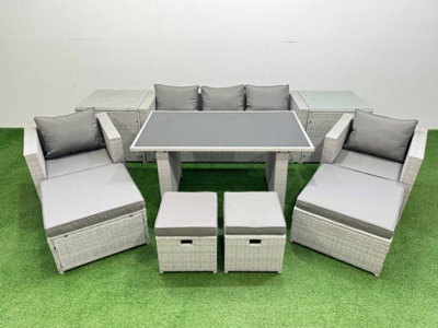 Fimous Patio Garden Furniture Sets With Black Glass Top Dining Table Armchair 3 Seater Sofa 2 Side Tables 4 Stools Light Grey - image 1