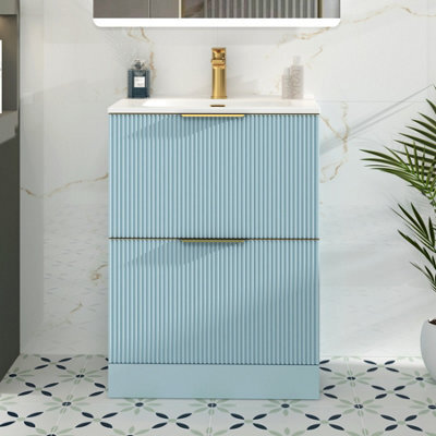 Royal Bathrooms Evora 700mm Powder Blue Fluted Floor Standing Bathroom Vanity Unit 2 Drawer With Ceramic Basin Sink & Brass Handle - image 1