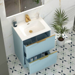 Royal Bathrooms Evora 700mm Powder Blue Fluted Floor Standing Bathroom Vanity Unit 2 Drawer With Ceramic Basin Sink & Brass Handle - thumbnail 4