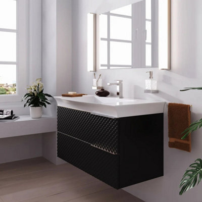 Bathroom City Elvia 950mm Black Vanity Unit With Basin - Large Diamond Front Sink Cabinet, 2 Soft-Close Drawers - Chrome Handle - image 1