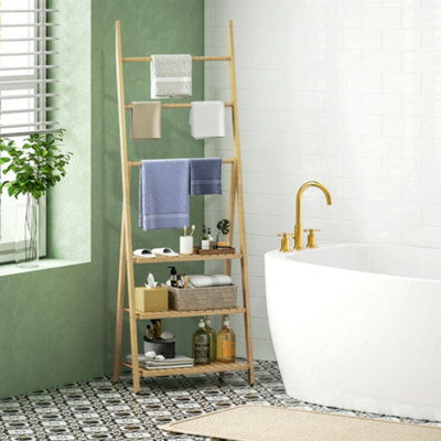 Homcom 3-Tier Folding Bamboo Bathroom Storage Shelving Unit With Towel Bars - image 1