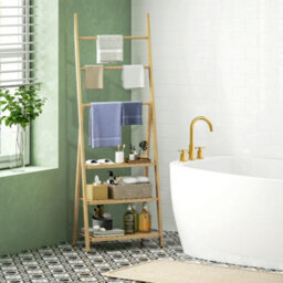 Homcom 3-Tier Folding Bamboo Bathroom Storage Shelving Unit With Towel Bars