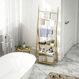 Homcom 3-Tier Folding Bamboo Bathroom Storage Shelving Unit With Towel Bars - thumbnail 7