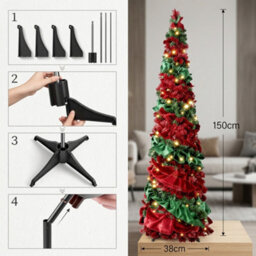 Collapsible Christmas Tinsel Tree Gold Green 50 Led Lights - thumbnail 2