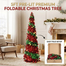 Collapsible Christmas Tinsel Tree Gold Green 50 Led Lights - thumbnail 3
