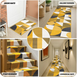 Bravich Hard Wearing Hessian Backed Stair Runner Kitchen Mat - Texas Mustard & Navy Art Deco - 60X450Cm (2'x15') - thumbnail 7