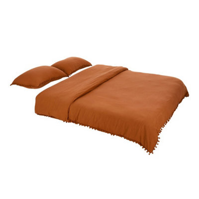Living And Home Pom Pom Tassels Easy Care King Size Bedding Solid Duvet Cover With 2 Pillowcase Set Orange - image 1
