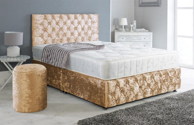 Slumbre Adore Living Chesterfield Crushed Velvet Divan Bed With Orthopaedic Mattress And Round Stool In Gold