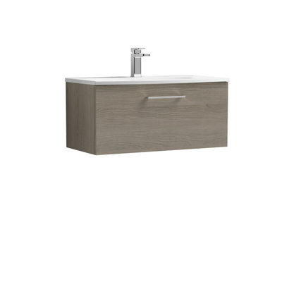 Balterley Level Modern Bathroom Wall Hung 1-Drawer Vanity & Curved Basin, Solace Oak, 800mm - image 1
