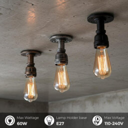 " Industrial Retro Pipe Style Ceiling Light Black Vintage Metal Flush Mount With E27 Fitting For Kitchen Bar Cafe Hallway" - thumbnail 8