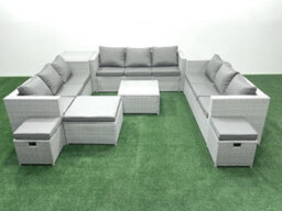 Fimous Rattan Garden Outdoor Furniture Set 12 Seater Rattan Garden Sofa Set 3 Stools Side Table Light Grey - thumbnail 2