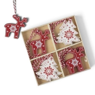 Heaven Sends Christmas Nordic Reindeer And Trees Wooden Decorations Set Of 8 With Red And White Twine 13 X 13 Cm
