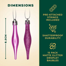 Festive Fix 15 Pack 8.5Cm Matte Glitter Droplet Baubles In Baby Pink Durable Shatterproof Christmas Tree Ornaments With Strings - thumbnail 2