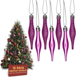 Festive Fix 15 Pack 8.5Cm Matte Glitter Droplet Baubles In Baby Pink Durable Shatterproof Christmas Tree Ornaments With Strings - thumbnail 1