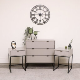 Melody Maison 3 Drawer Chest Of Drawers And Pair Of Bedside Tables - Hesley Taupe Stone Range - thumbnail 1