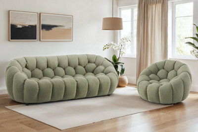 Sage Green Teddy Boucle Fabric  3 + 1 Seater Sofa And Armchair Set For Living Room Atrani - image 1