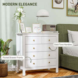 Homcom Fluted Bedroom Chest Of Drawers W/ 5 Drawers Gold Tone Handles White - thumbnail 5