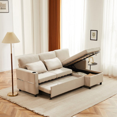 Btm L Shaped Sofa Bed, 3 Seater Pull Out Corner Sofa With Storage, Convertible Sectional Couch, Beige - image 1