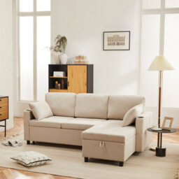 Btm L Shaped Sofa Bed, 3 Seater Pull Out Corner Sofa With Storage, Convertible Sectional Couch, Beige - thumbnail 3