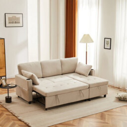 Btm L Shaped Sofa Bed, 3 Seater Pull Out Corner Sofa With Storage, Convertible Sectional Couch, Beige - thumbnail 4