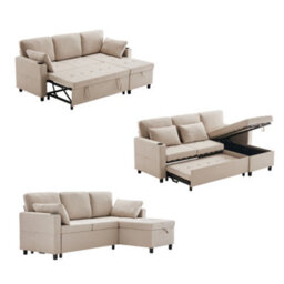 Btm L Shaped Sofa Bed, 3 Seater Pull Out Corner Sofa With Storage, Convertible Sectional Couch, Beige - thumbnail 6