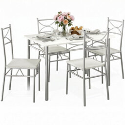 Casaria Dining Table Chairs Set 4 Space Saving Compact, White & Silver - thumbnail 1