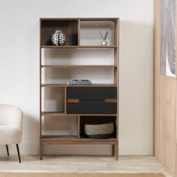 Pacific Lifestyle 7 Tier Shelf Black And Natural Acacia Wooden Bookcase 2 Drawer