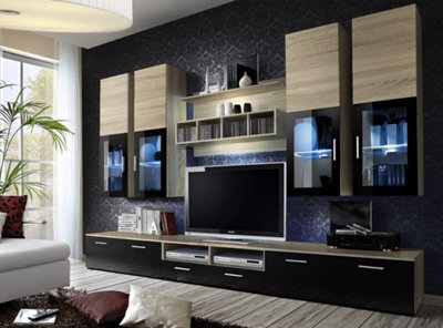 "Arte Lyra Entertainment Unit For Tvs Up To 60"" - Warm Oak Sonoma & Black Contrast - W3000mm X H1900mm X D450mm"