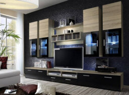 "Arte Lyra Entertainment Unit For Tvs Up To 60"" - Warm Oak Sonoma & Black Contrast - W3000mm X H1900mm X D450mm"
