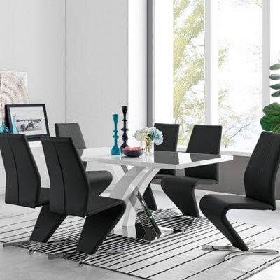Furniturebox Uk Atlanta Modern Rectangle Chrome Metal High Gloss White Dining Table And 6 Black Willow Chairs Set - image 1