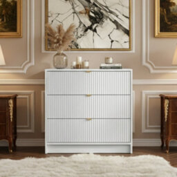 Chest Of Drawers Storage Cabinet Tireno 3Sz White Velvet Mdf Wood Grooved Front Design Modern Dresser For Living Room Bedroom