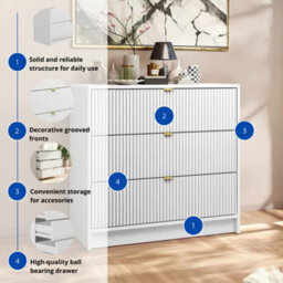 Chest Of Drawers Storage Cabinet Tireno 3Sz White Velvet Mdf Wood Grooved Front Design Modern Dresser For Living Room Bedroom - thumbnail 6