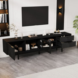 Merax Tv Unit Tv Cabinet 200X40X50.5 Cm, Tv Stand For Up To 80 Inch Tvs, 2 Doors, 2 Drawers & Open Shelf, Black - thumbnail 4