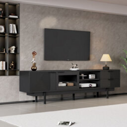 Merax Tv Unit Tv Cabinet 200X40X50.5 Cm, Tv Stand For Up To 80 Inch Tvs, 2 Doors, 2 Drawers & Open Shelf, Black - thumbnail 2