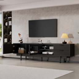 Merax Tv Unit Tv Cabinet 200X40X50.5 Cm, Tv Stand For Up To 80 Inch Tvs, 2 Doors, 2 Drawers & Open Shelf, Black - thumbnail 3