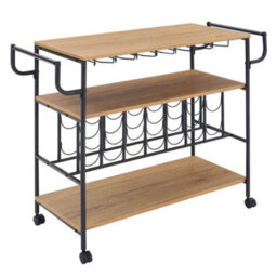 Darphe 3-Tier Brown Metallic Rolling Serving Bar Cart With Wine Rack