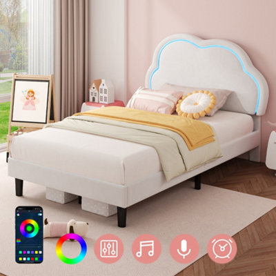 Matteo 3Ft Single Cream White Velvet Bed Frame With Adjustable Led Cloud Headboard, Upholstered, No Box Spring Needed, Easy Assemble - image 1