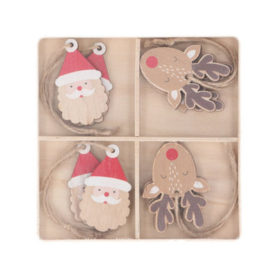 Gisela Graham Christmas Set Of 8 Wooden Santa And Reindeer Hanging Decorations With Rustic Twine - Red And Natural Wood