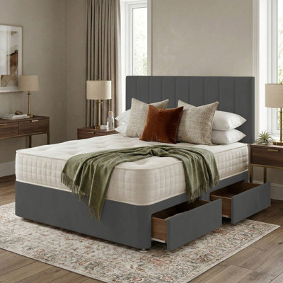 Adore Designs Portland Plush Velvet Divan Bed, Headboard & Mattress - 4Ft Small Double - Grey - 2 Drawers Same Side - image 1