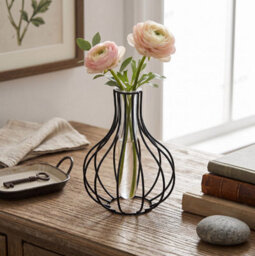 Living And Home Black Iron Geometric Frame Hydroponic Vase Removable Clear Acrylic Tube Minimalist Desktop Plant Holder
