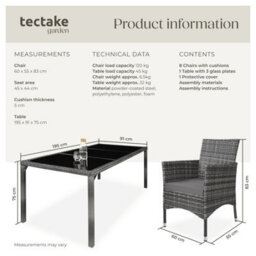 Tectake Garden Furniture Set Almansa - 8 Chairs, Dining Table, With Protective Cover - Mottled Grey/grey - thumbnail 6
