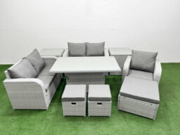 Fimous High Back Poly Rattan Garden Furniture Set Reclining Chair Loveseat Sofa Indoor Outdoor Set 3 Stools 2 Side Table - thumbnail 1
