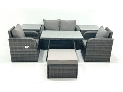 Fimous Outdoor Garden Furniture Set Rattan Sofa Dining Table Set With Reclining Chair 2 Side Tables Big Footstool Dark Grey Mixed - image 1