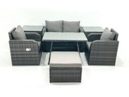 Fimous Outdoor Garden Furniture Set Rattan Sofa Dining Table Set With Reclining Chair 2 Side Tables Big Footstool Dark Grey Mixed - thumbnail 1