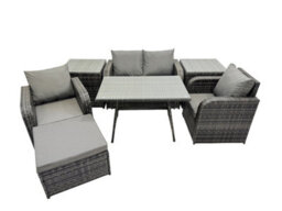 Fimous Outdoor Garden Furniture Set Rattan Sofa Dining Table Set With Reclining Chair 2 Side Tables Big Footstool Dark Grey Mixed - thumbnail 8
