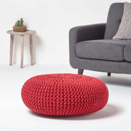 Homescapes Red Large Round Cotton Knitted Pouffe Footstool - thumbnail 2