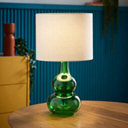 Valuelights Aida Natural Linen Tall Lamp Shade Green Bubble Glass Table Lamp With Led Bulb