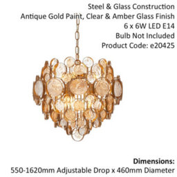 Antique Gold Ornate Chandelier - Clear & Amber Glass Detailling - Dimmable - thumbnail 2